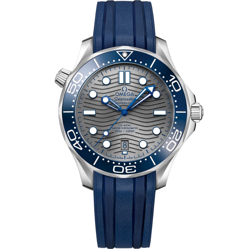 Omega Seamaster Diver 300 M Co-Axial steel 42mm blue ceramic bezel grey  index dial on blue rubber strap with steel buckle - O21032422006001