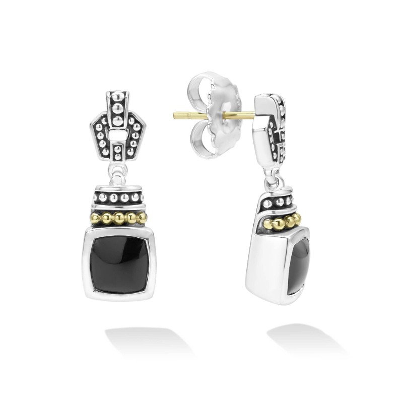 Lagos Sterling Silver And 18K Yellow Gold Caviar Color Black Onyx Drop Earrings