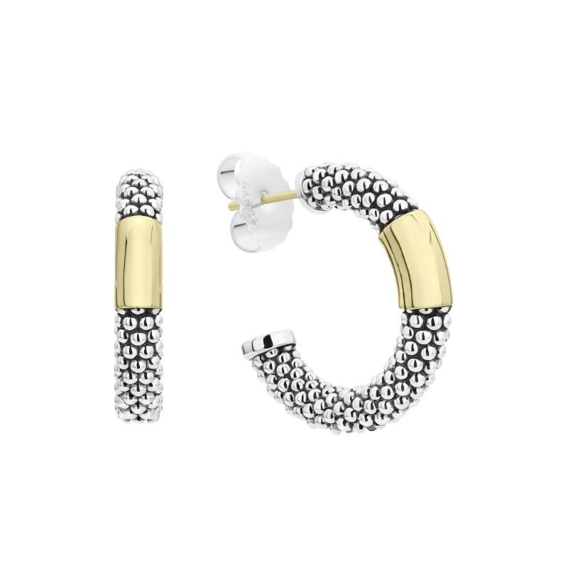 Lagos Sterling Silver And 18K Yellow Gold High Bar Caviar Smooth Bar Hoop Earrings