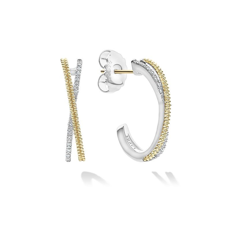 Lagos Sterling Silver And 18K Yellow Gold Caviar Lux Small Caviar X Crossover Hoop Earrings
