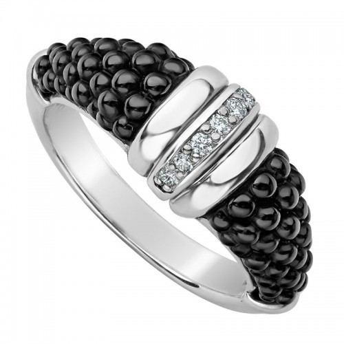 Lagos Sterling Silver Black Caviar One Row Ring With Diamonds