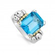 Lagos Sterling Silver And 18K Yellow Gold Glacier Medium Emerald Cut 12X10Mm Swiss Blue Topaz Ring