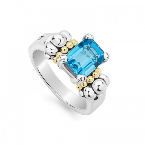 Lagos Sterling Silver And 18K Yellow Gold Glacier Small 9X7Mm Emerald Cut Swiss Blue Topaz Ring
