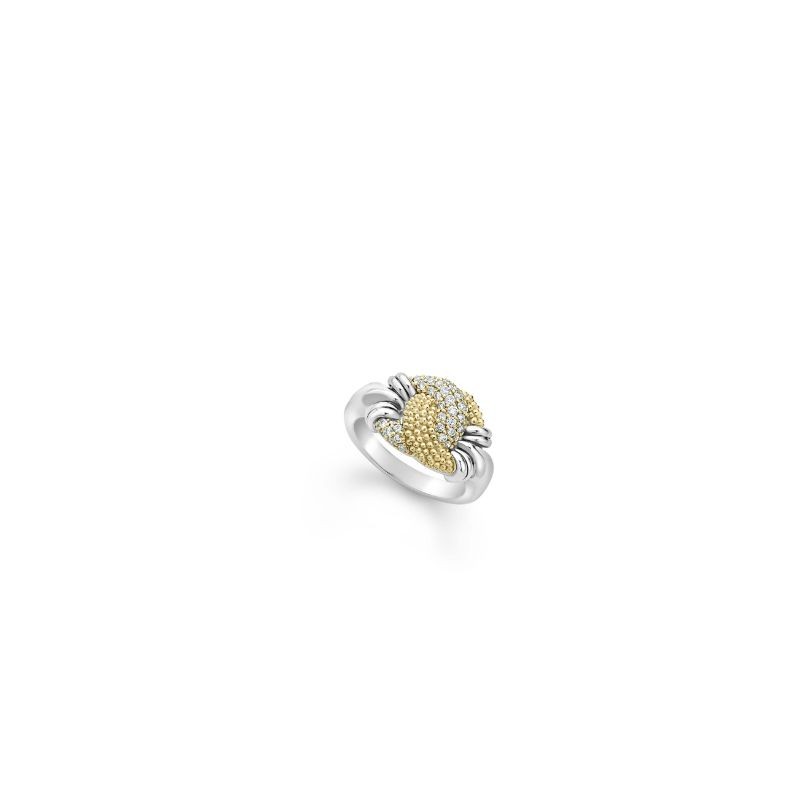 Lagos Sterling Silver And 18K Yellow Gold Caviar Lux 12X14.3Mm Diamond Pave And Caviar Knot Small Twist Ring Weighing 0.45 Carat Total Weight