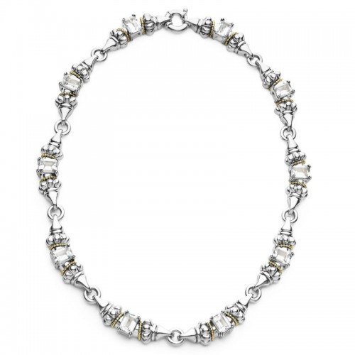 Lagos Sterling Silver And 18K Yellow Gold Glacier Caviar Beaded Necklace With 8X6Mm Emerald Cut White Topaz Stations