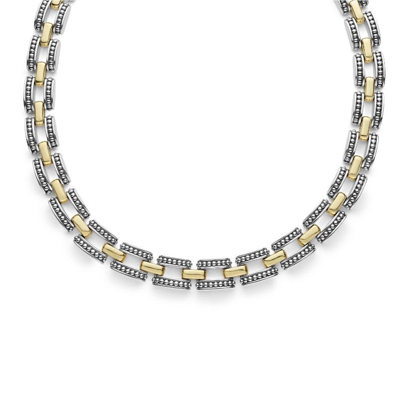 Lagos Sterling Silver And 18K Yellow Gold High Bar 22Mm Gold Caviar Link Collar Necklace