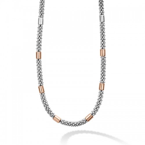 Lagos Sterling Silver And 18K Rose Gold High Bar 5Mm Smooth Rose Gold Station Caviar Rope Necklace