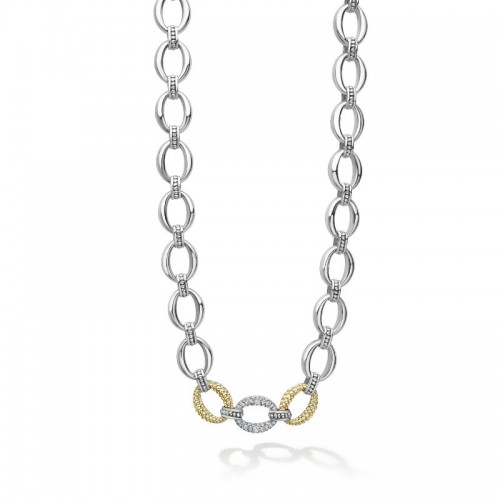 Lagos Sterling Silver And 18K Yellow Gold Caviar Lux Single Diamond Pave Station  Oval Link Necklace