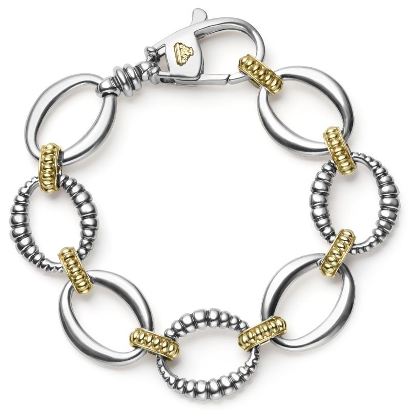 Lagos Links Bracelet With Fluted Ans Smooth Sterling Silver Ovals And 18K Yellow Gold Caviar Beading