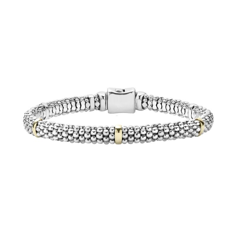 Lagos Sterling Silver And 18K Yellow Gold Signature Caviar Gold Station Bracelet