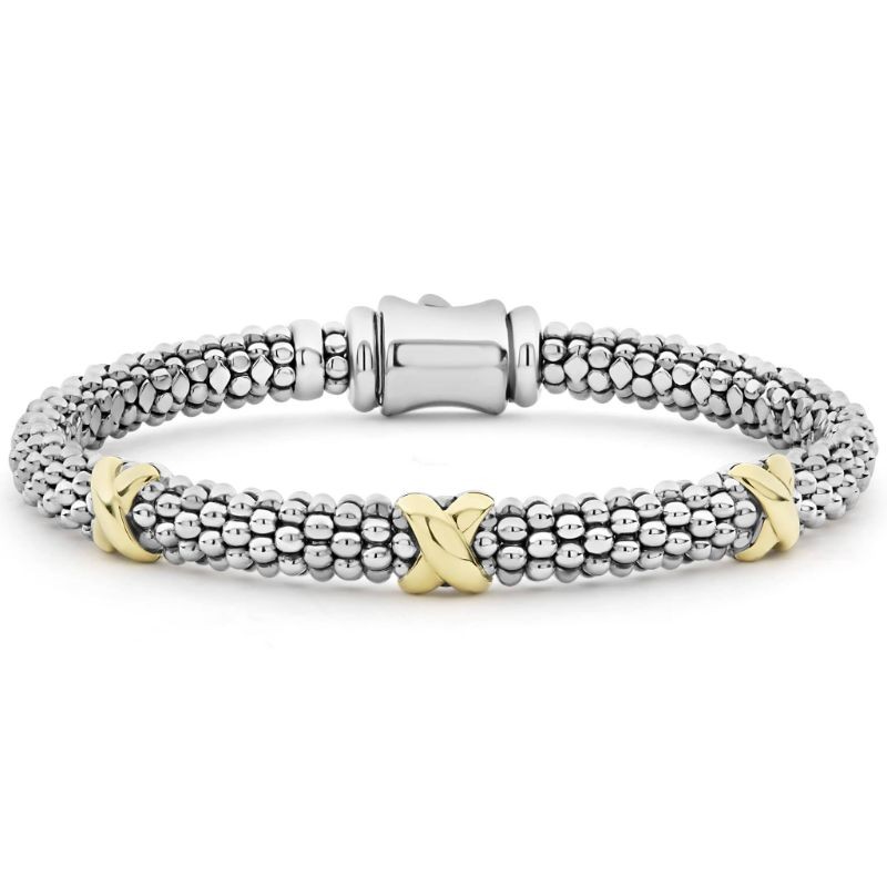 Lagos Sterling Silver And 18K Yellow Gold Signature Caviar Triple Gold X Stations Beaded Rope Bracelet