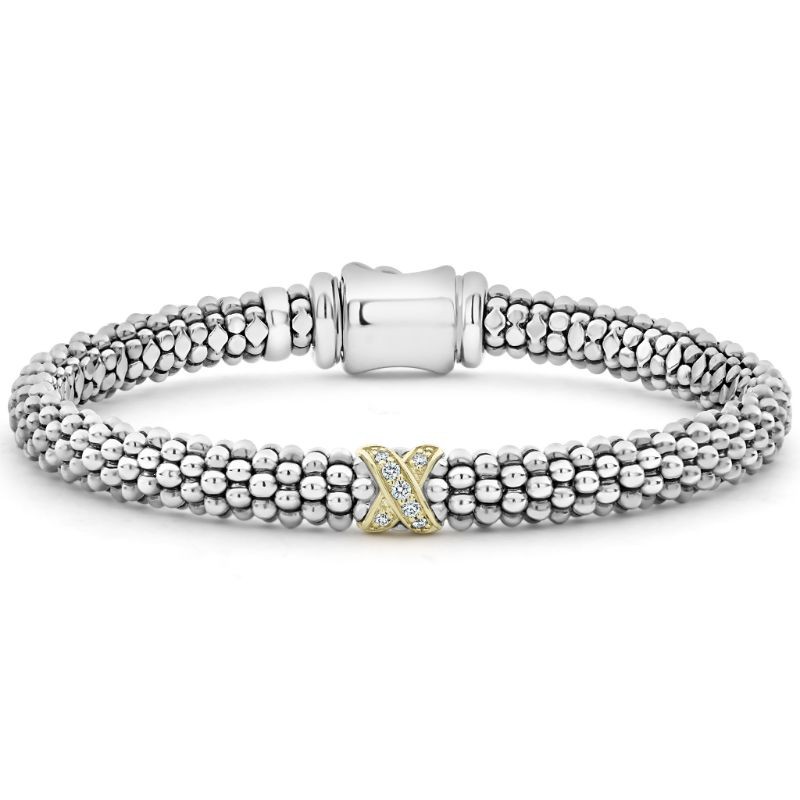 Lagos Sterling Silver And 18K Yellow Gold Caviar Lux Diamond X Station Beaded Rope Bracelet