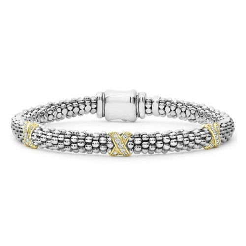Lagos Sterling Silver And 18K Yellow Gold Caviar Lux  Triple Diamond X Stations Beaded Rope Bracelet