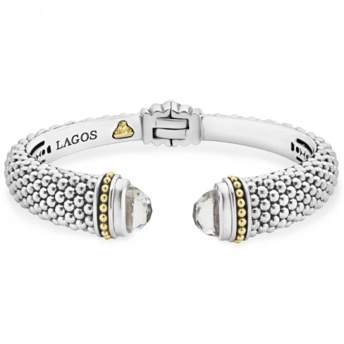 Lagos Sterling Silver And 18K Yellow Gold Caviar Cuff Hinge Clasp Cuff Bracelet With White Topaz
