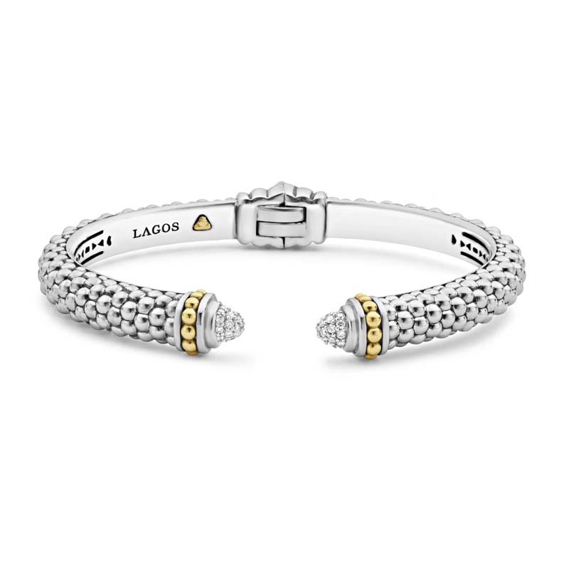 Lagos Sterling Silver And 18K Yellow Gold Caviar Lux Cuff Hinge Cuff Bracelet With Diamonds