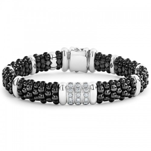 Lagos Sterling Silver Black Caviar 3 Link Center Rope Bracelet With Diamonds
