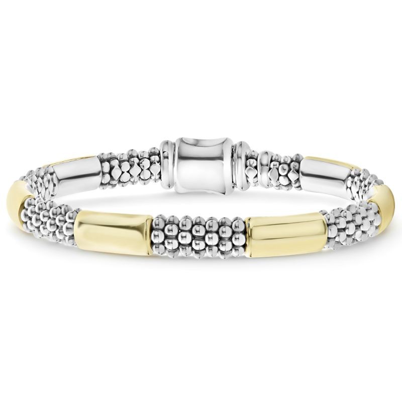 Lagos Sterling Silver And 18K Yellow Gold High Bar 6 Smooth Station Rope Bangle Bracelet