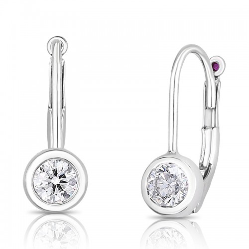 Roberto Coin 18K white gold rhodium plated bezel set diamond drop earrings with 2 round diamonds weighing 0.48 carat total weight
