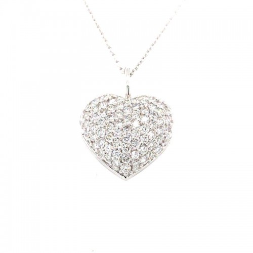 Roberto Coin 18K white gold rhodium plated Tiny Treasures pave diamond puff heart pendant with round diamonds weighing 0.70 carat total weight