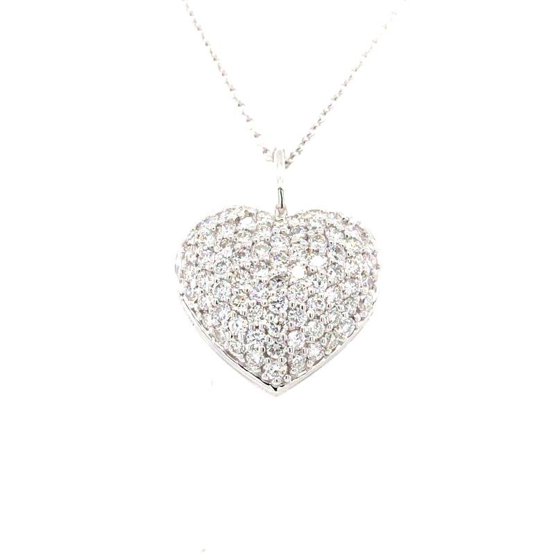 Roberto Coin 18K white gold rhodium plated Tiny Treasures pave diamond puff heart pendant with round diamonds weighing 0.70 carat total weight
