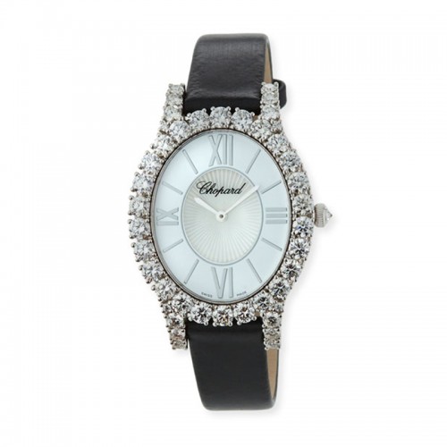Chopard L'Heure Du Diamant 18k white gold diamond bezel/lugs white matt dial with MOP center on leather strap with 18k white gold tang buckle with diamonds