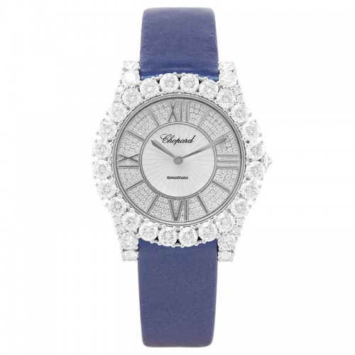 Chopard L'Heure Du Diamant 18k white gold 35.75mm diamond bezel/lugs semi-pave dial with MOP guilloche center with satin strap with 18k white gold tang buckle