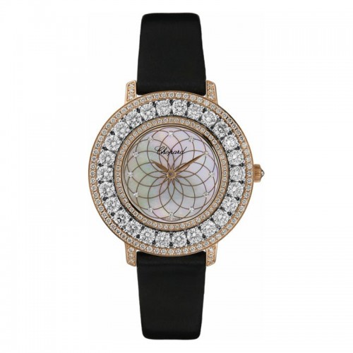 Chopard L'Heure Du Diamant 18k rose gold diamond bezel & lugs white MOP diamond dial on black leather strap 18k rose gold tang buckle
