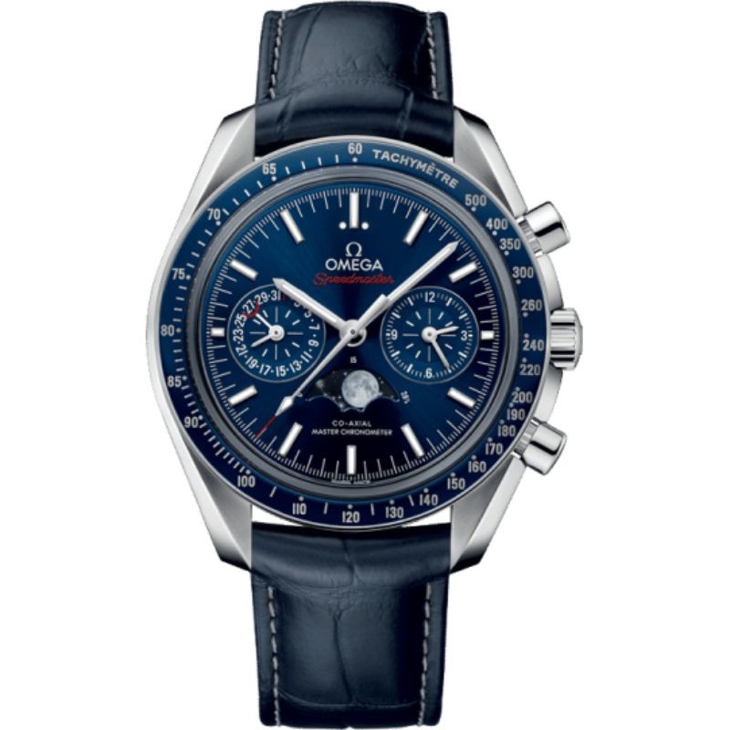 Omega Speedmaster Moonwatch Co-Axial master chronometer moonpase chronograph steel 44.25mm blue dial on leather strap with steel buckle