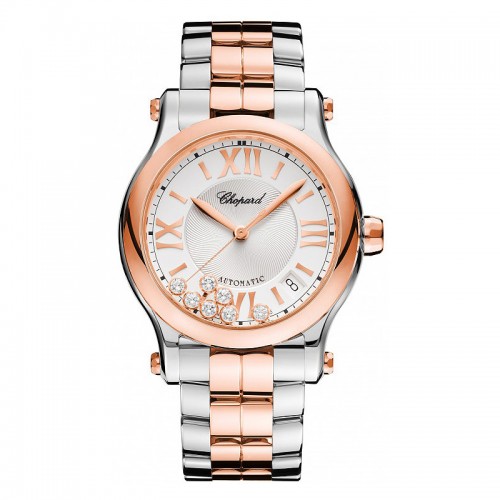 Chopard Happy Sport stainless steel and 18k rose gold watch, self-winding, silver dial with four roman numerals, 1 sapphire weighing 0.17 carat and 7 moving diamonds weighing 0.35 carat total weight, steel/gold bracelet
