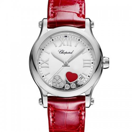 Chopard Happy Sport Heart Steel 36mm Smooth Bezel White Roman Dial with 10 Diamonds .24 CT, RED Stone on Red leather strap steel buckle