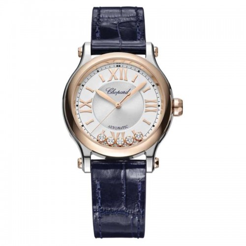 Chopard Happy Sport steel/18k rose gold 33mm rose gold bezel silver roman dial with floating diamonds = .25ct on leather strap with steel tang buckle
