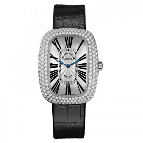 Franck Muller Galet steel 3 row diamond bezel silver index dial on black leather strap with steel diamond buckle
