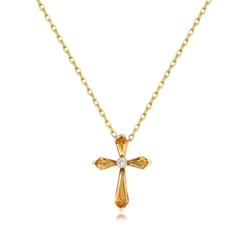 18K Yellow Gold Pastel Cross Pendant Necklace With 4 Citrines Weighing 0.99 Carat Total Weight And A Round Diamond Weighing 0.03 Carat Weight