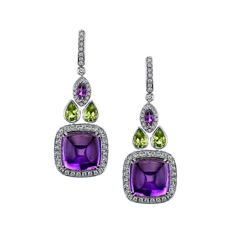 Robert Procop 18K white gold Sugarloaf Amethyst Legacy stud earrings with 2 sugarloaf amethyst weighing 13.97 carats total weight, 56 round diamonds weighing 0.96 carat total weight