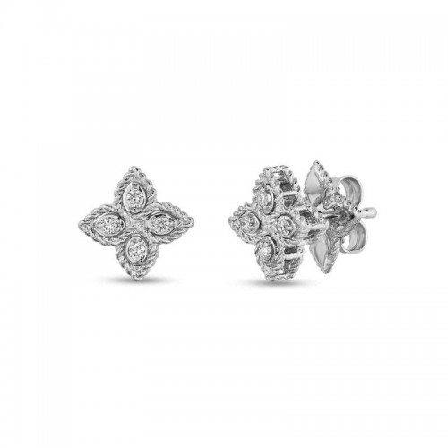 Roberto Coin 18 Karat White Gold Princess Flower Small Stud Earrings With Diamonds