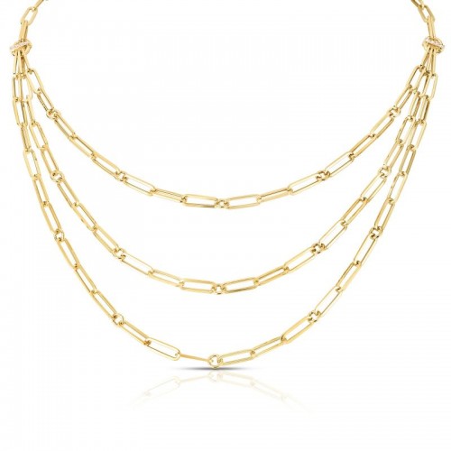 Roberto Coin 18K yellow gold triple strand paperclip chain necklace with round diamonds weighing 0.08 carat total weight
