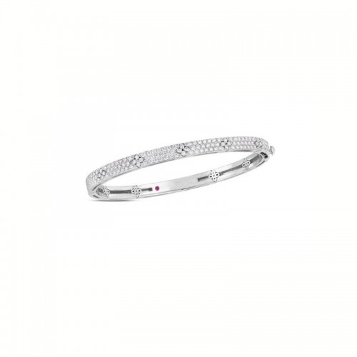 Roberto Coin 18K white gold rhodium plated Love In Verona 4.5mm wide diamond bangle bracelet with round diamonds weighing 1.70 carats total weight, 48x58mm