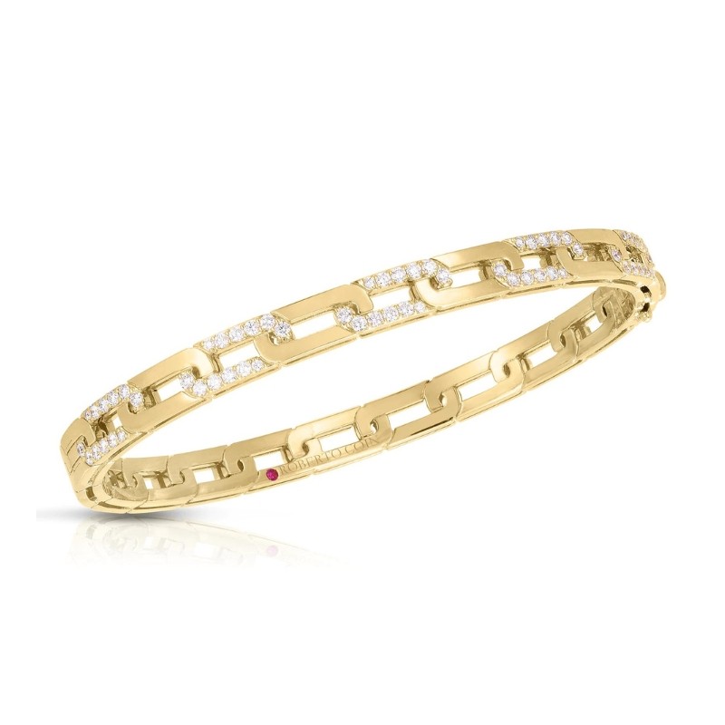 Roberto Coin 18K yellow gold Navarra diamond shiny bangle bracelet with round diamonds weighing 0.72 carat total weight, 48x58mm