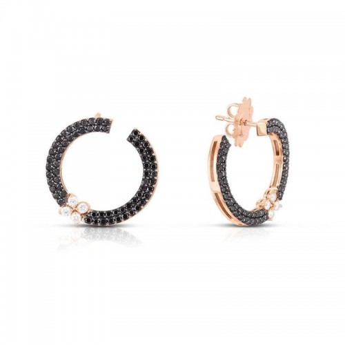 Roberto Coin 18K rose gold Love in Verona black and white diamond forward hoop earrings with round black and white diamonds weighing 1.44 carats total weight