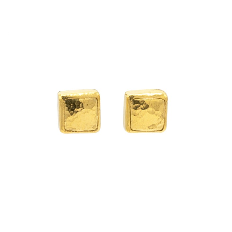 Gurhan 24K And 18K Yellow Gold Square Amulet Hammered Dome Center Stud Earrings