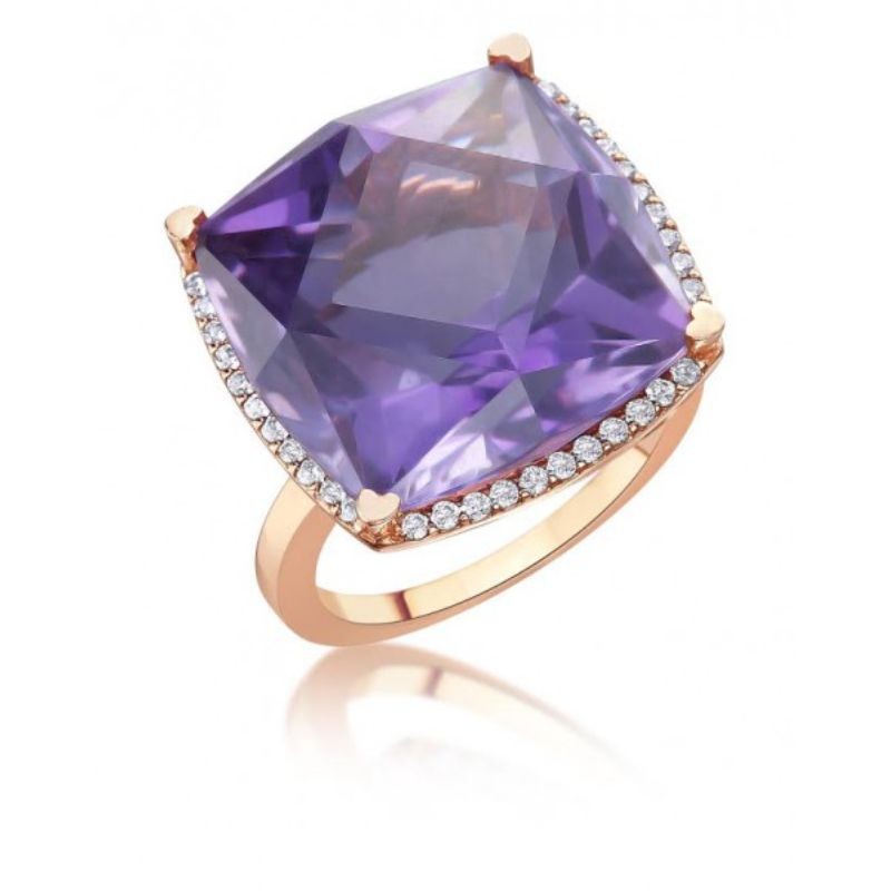 Lisa Nik 18k rose gold Rocks square amethyst ring with diamonds, 17mm amethyst with diamonds weighing 0.33 carat total weight