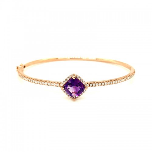 Lisa Nik 18k rose gold Rocks bangle bracelet with cushion shape amethyst station with diamond halo, 8mm amethyst with round diamonds weighing 0.63 carat total weight
