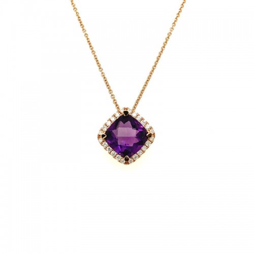 Lisa Nik 18k rose gold Rocks cushion amethyst pendant necklace with diamond halo, 8mm amethyst with diamonds weighing 0.15 carat total weight