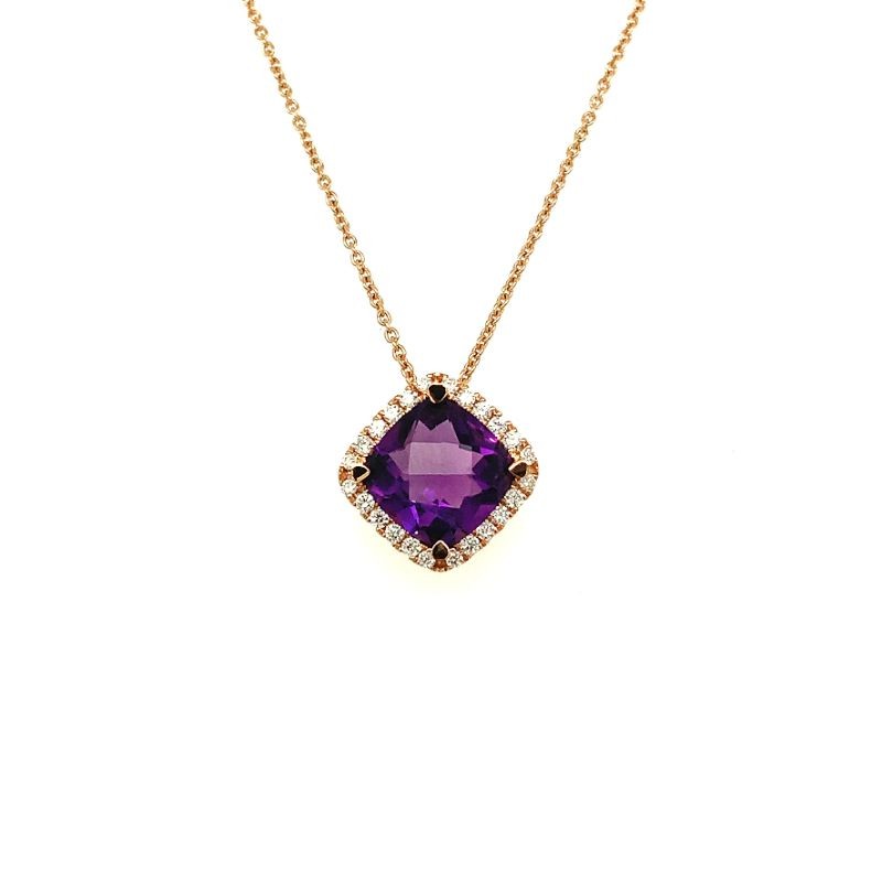 Lisa Nik 18k rose gold Rocks cushion amethyst pendant necklace with diamond halo, 8mm amethyst with diamonds weighing 0.15 carat total weight