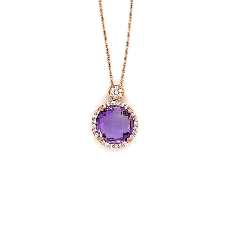 Lisa Nik 18k rose gold Rocks round amethyst pendant necklace with diamond halo and a round bail, 11mm amethyst with diamonds weighing 0.30 carat total weight