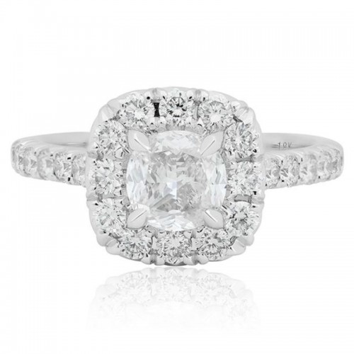 Henri Daussi 18K white gold diamond halo ring with 1 cushion brilliant cut diamond weighing 1.05 carats J VS1 GIA #5191399930, 44 round diamonds weighing 1.07 carats total weight