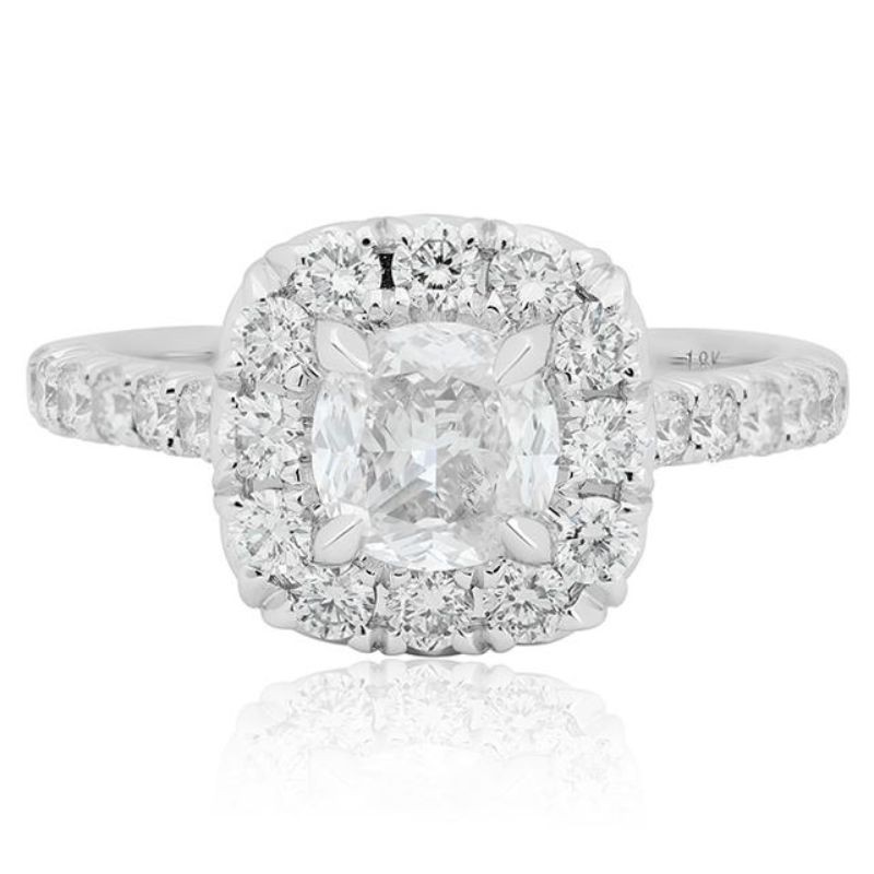 Henri Daussi 18K white gold diamond halo ring with 1 cushion brilliant cut diamond weighing 1.05 carats J VS1 GIA #5191399930, 44 round diamonds weighing 1.07 carats total weight