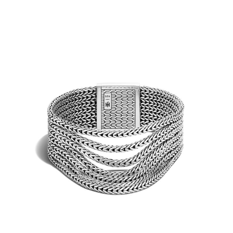 Classic Chain Sterling Silver Multi-Row Bracelet with Reticulated Pusher Clasp