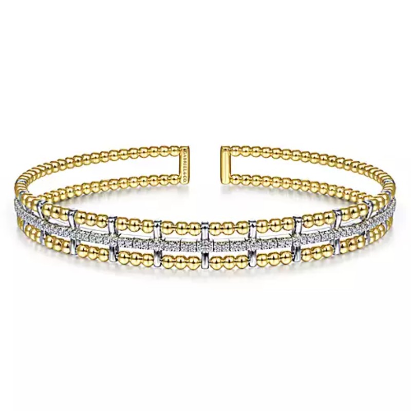 Gabriel & Co 18K Yellow Gold And 18K White Gold Rhodium Plated Bujukan 7.4mm Flexible Beaded Cuff Bracelet