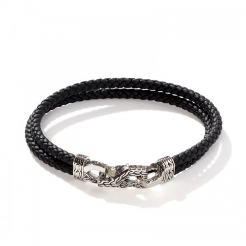 John Hardy sterling silver Asli Classic Chain link silver bracelet on double black woven leather with hook clasp, size M